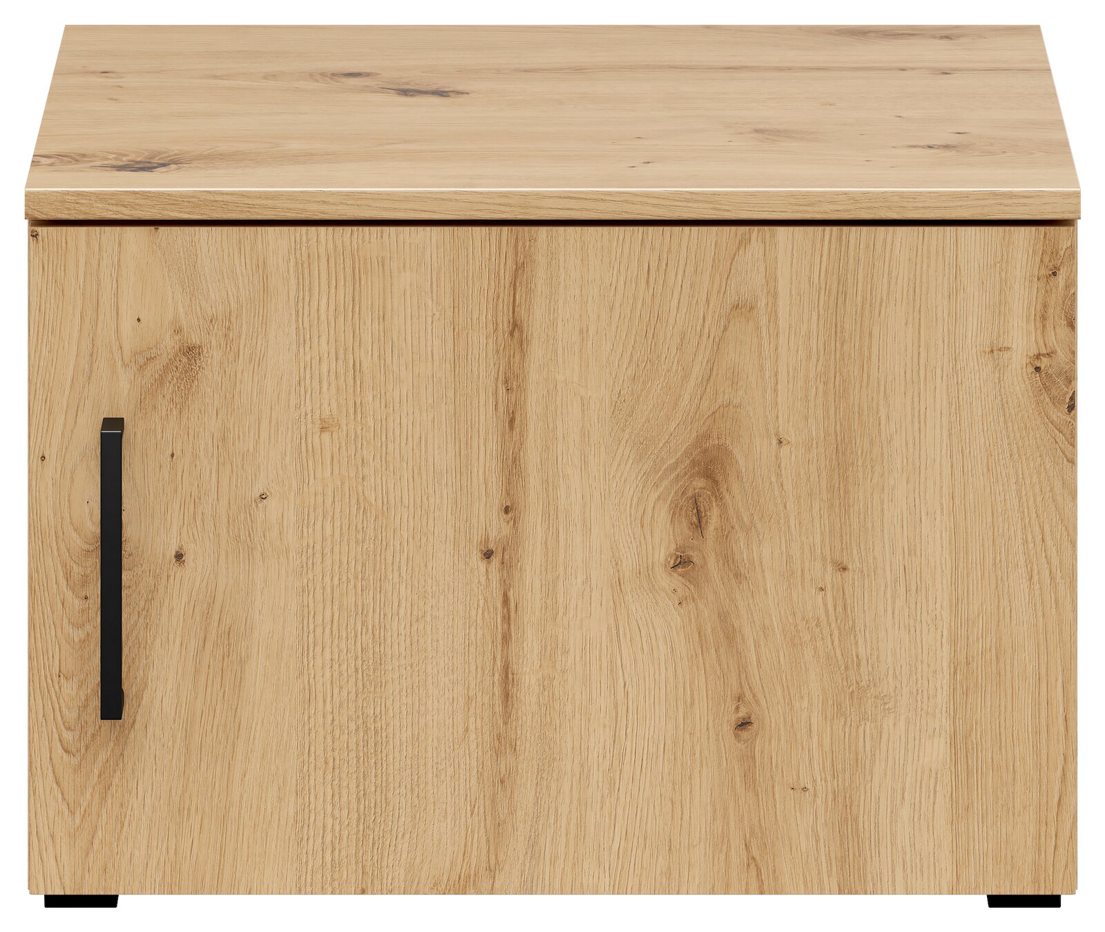 Frontansicht eines Holz-Aufsatzschranks mit einer Tür und schwarzem Griff.