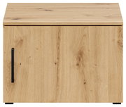 Frontansicht eines Holz-Aufsatzschranks mit einer Tür und schwarzem Griff.