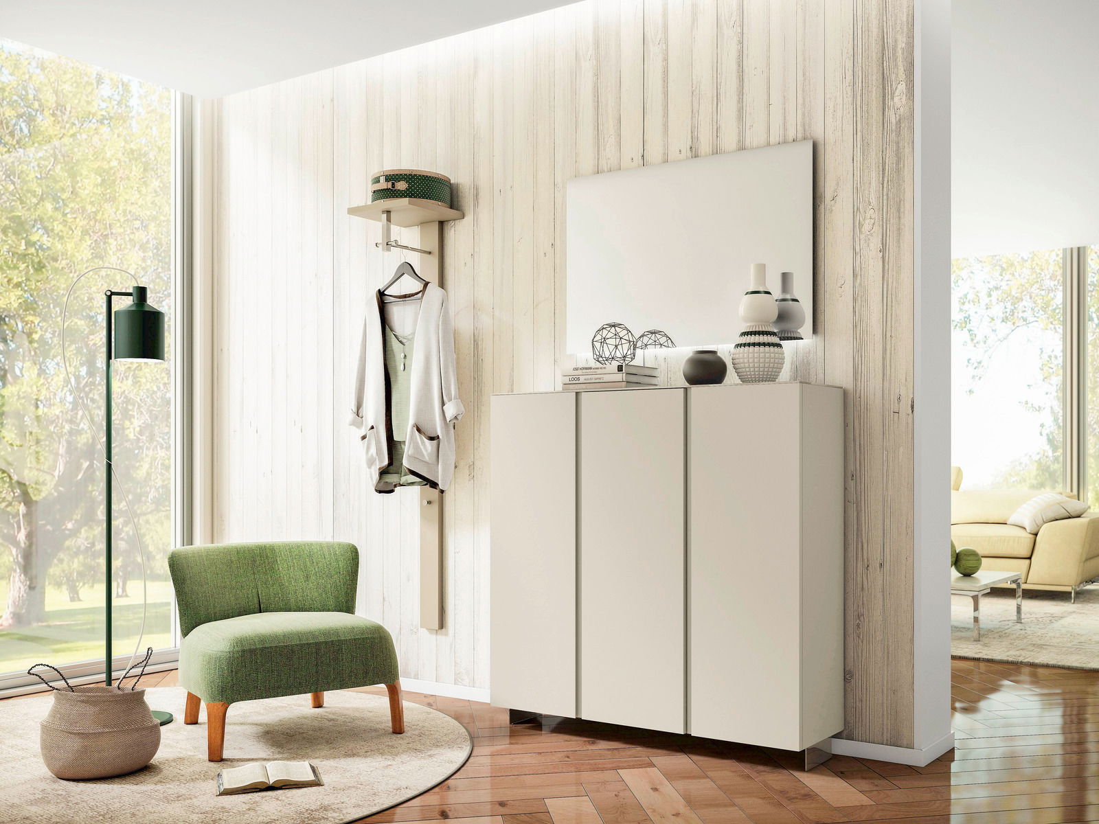 Moderner XL-Hängeschuhschrank mit drei Türen in einem stilvollen Wohnzimmer, seitliche Perspektive.