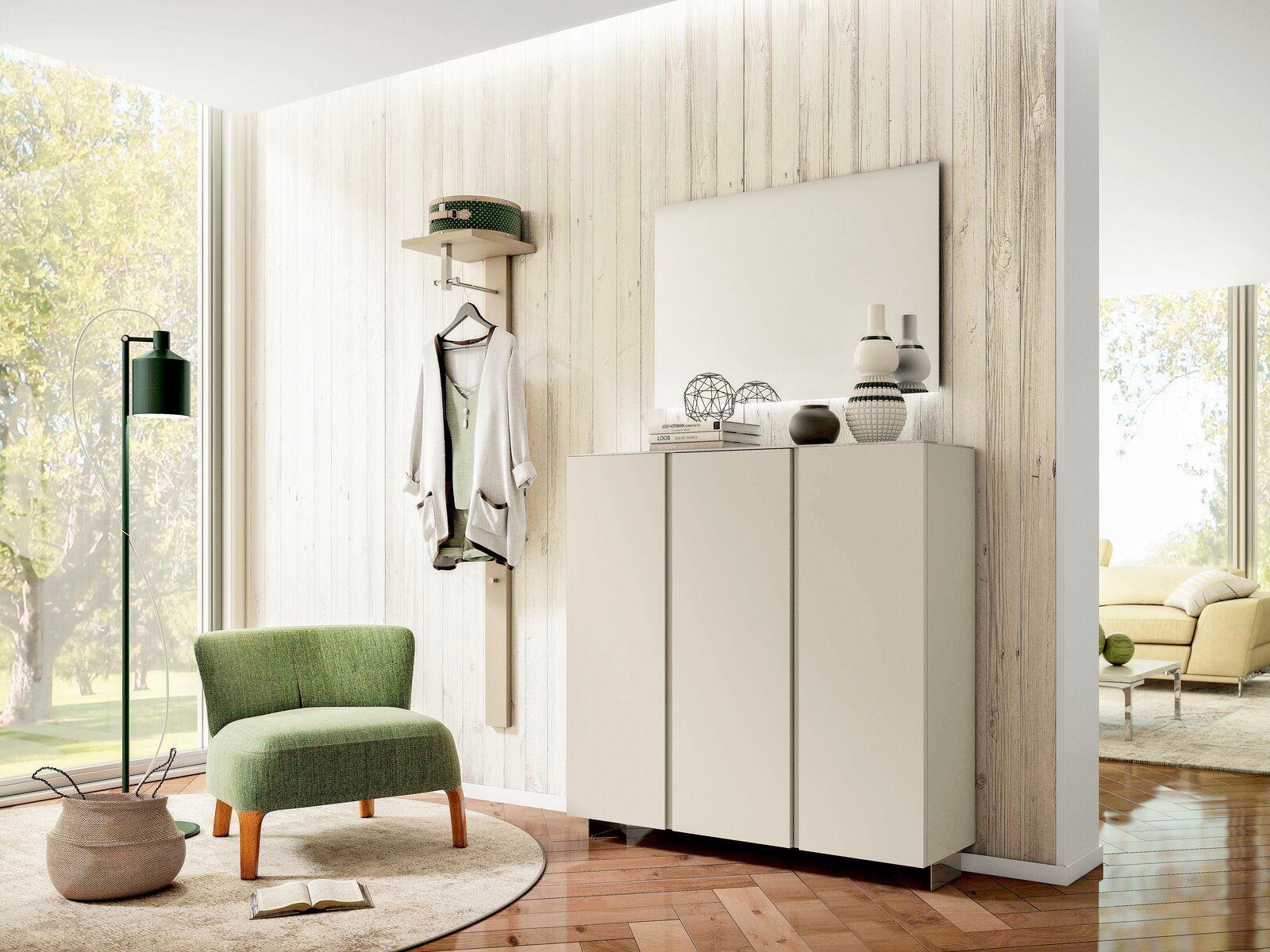 Moderner XL-Hängeschuhschrank mit drei Türen in einem stilvollen Wohnzimmer, seitliche Perspektive.