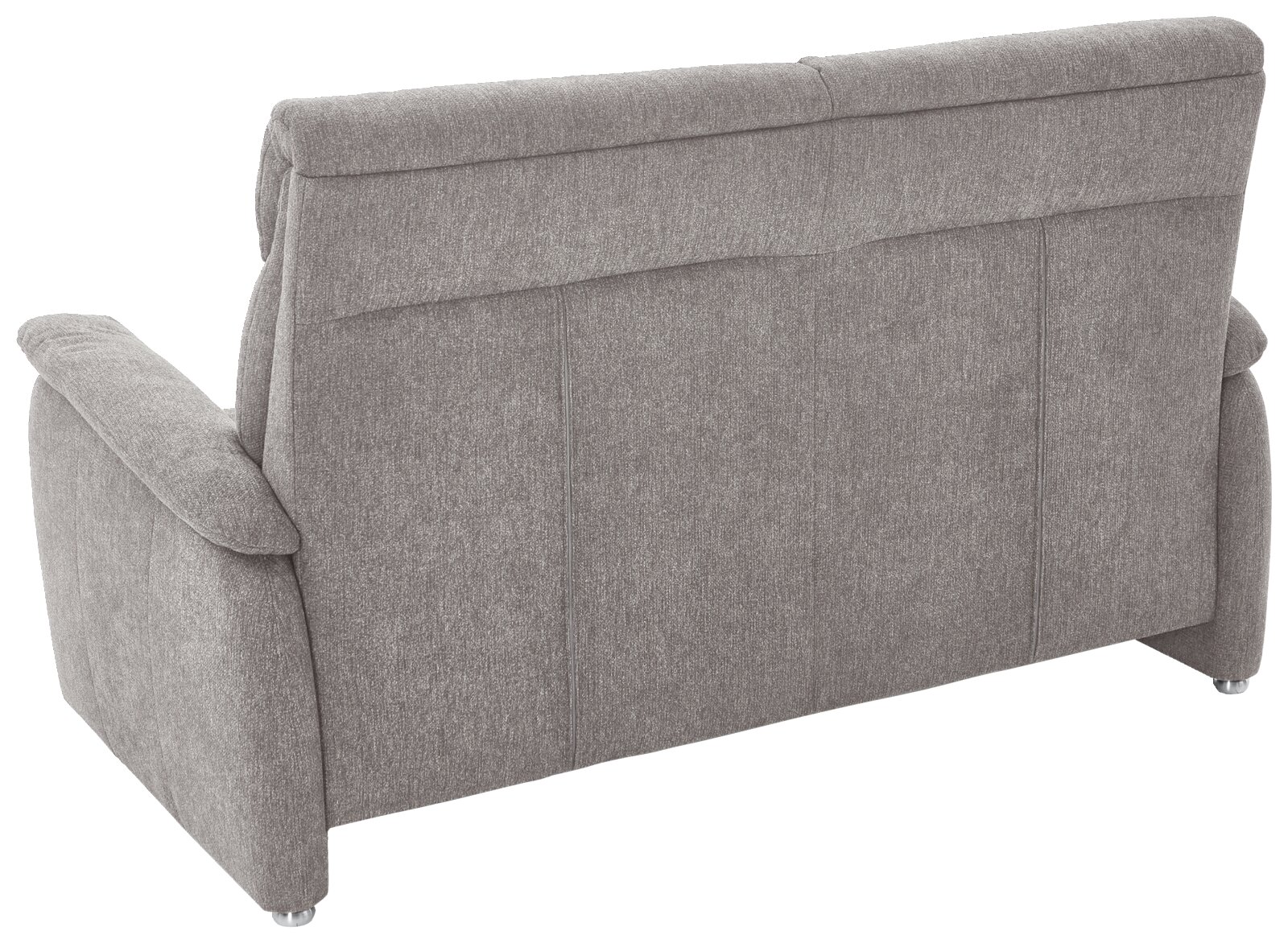 Rückansicht eines grauen 2,5-Sitzer Sofas mit Stoffbezug und Armlehnen.