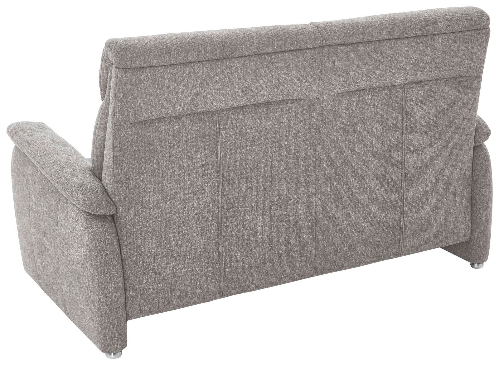 Rückansicht eines grauen 2,5-Sitzer Sofas mit Stoffbezug und Armlehnen.