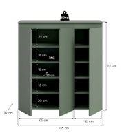 Grüner Schrank mit drei geöffneten Türen und mehreren Einlegeböden, Maße 105 x 37 x 111 cm, Fachhöhen 20/18 cm, Fachbreite ca. 33 cm, Belastbarkeit oben 20 kg und je Boden 5 kg, Frontansicht leicht schräg von vorn.