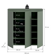 Grüner Schrank mit drei geöffneten Türen und mehreren Einlegeböden, Maße 105 x 37 x 111 cm, Fachhöhen 20/18 cm, Fachbreite ca. 33 cm, Belastbarkeit oben 20 kg und je Boden 5 kg, Frontansicht leicht schräg von vorn.