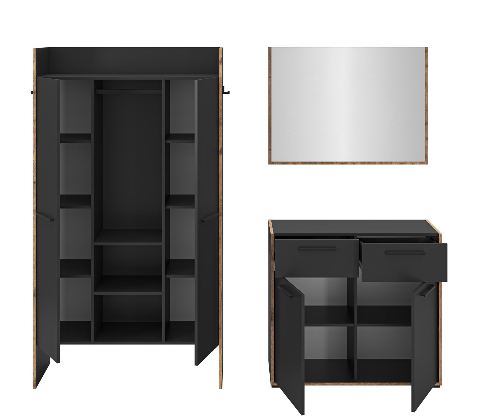 Schwarzer Kleiderschrank mit Holzrahmen, geöffnet mit Mittelstange, Regalfächern und Schubladen; Ansicht frontal sowie Detailansichten von vorne und oben.