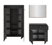 Schwarzer Kleiderschrank mit Holzrahmen, geöffnet mit Mittelstange, Regalfächern und Schubladen; Ansicht frontal sowie Detailansichten von vorne und oben.