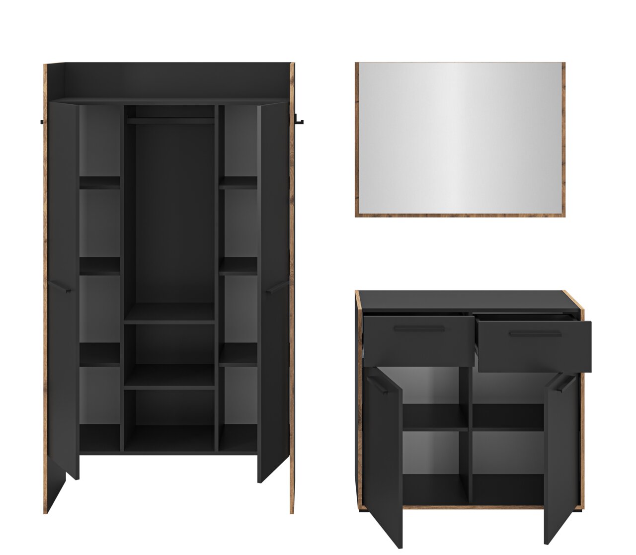 Schwarzer Kleiderschrank mit Holzrahmen, geöffnet mit Mittelstange, Regalfächern und Schubladen; Ansicht frontal sowie Detailansichten von vorne und oben.