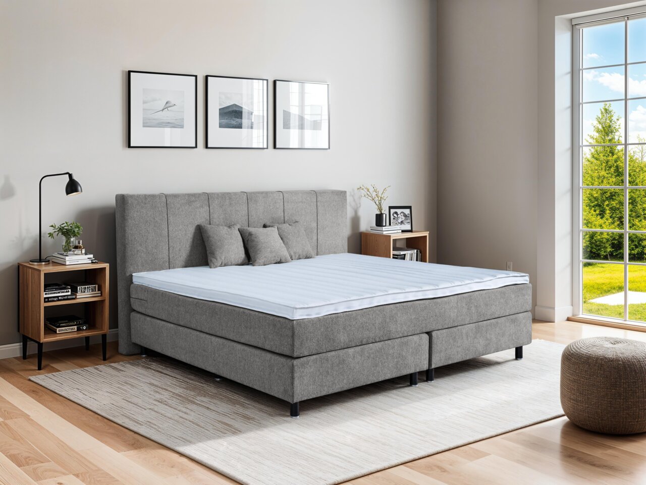 Graues Boxspringbett in einem modernen Schlafzimmer, seitliche Perspektive, mit Nachttisch und großem Fenster im Hintergrund.