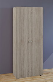 Zweitüriger Kleiderschrank in heller Holzoptik mit kleinen Griffen, freistehend auf Füßen vor grauer Wand; Perspektive: frontale Ansicht.