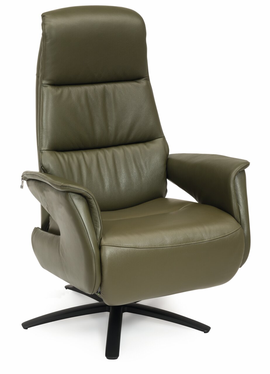 Welnova Relaxfauteuil 8102 SLIMLINE 2.0 Moderne olijfgroene relaxfauteuil van leer met een zwart draaivoet, zijaanzicht