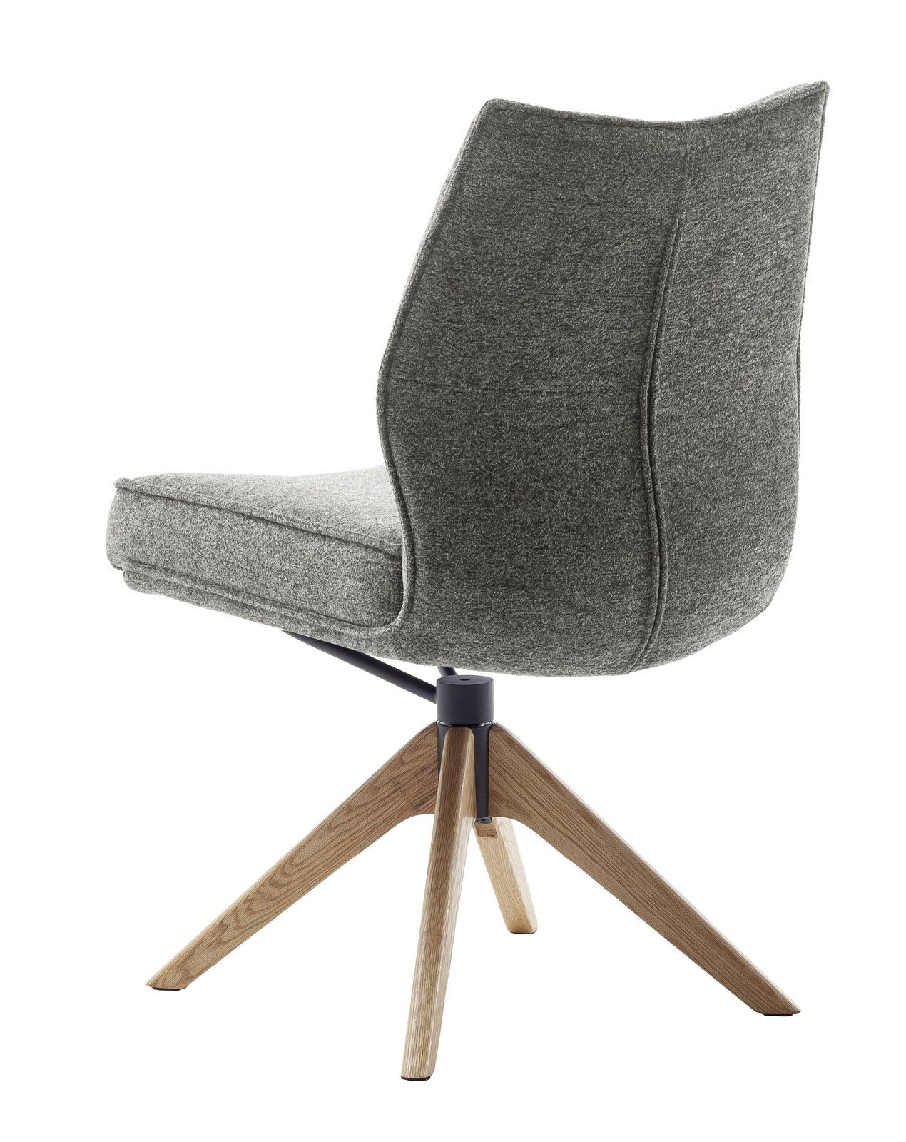 Grauer Stuhl mit gepolsterter Rückenlehne und Sitzfläche, Holzbeine, seitliche Perspektive