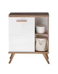 XORA Waschbeckenunterschrank NOVENTA Moderner Waschbeckenunterschrank mit weißer Tür und offenen Regalfächern, frontal abgebildet.