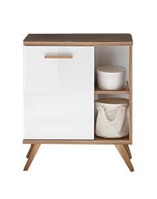 Moderner Waschbeckenunterschrank mit weißer Tür und offenen Regalfächern, frontal abgebildet.