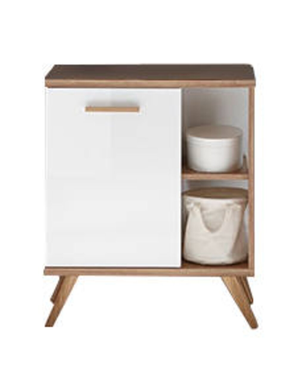 XORA Waschbeckenunterschrank NOVENTA Moderner Waschbeckenunterschrank mit weißer Tür und offenen Regalfächern, frontal abgebildet.