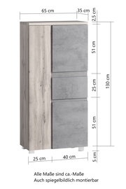 Midischrank 65 cm in Holzoptik mit grauen Fronten, seitliche Perspektive
