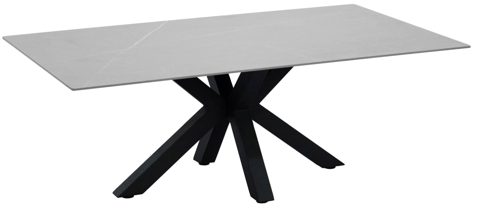 Moderner Couchtisch mit rechteckiger, grauer Tischplatte und schwarzem, gekreuztem Metallgestell, seitliche Perspektive.