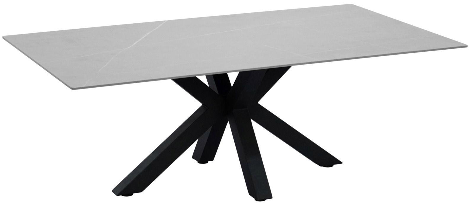 Moderner Couchtisch mit rechteckiger, grauer Tischplatte und schwarzem, gekreuztem Metallgestell, seitliche Perspektive.