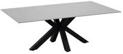 Moderner Couchtisch mit rechteckiger, grauer Tischplatte und schwarzem, gekreuztem Metallgestell, seitliche Perspektive.