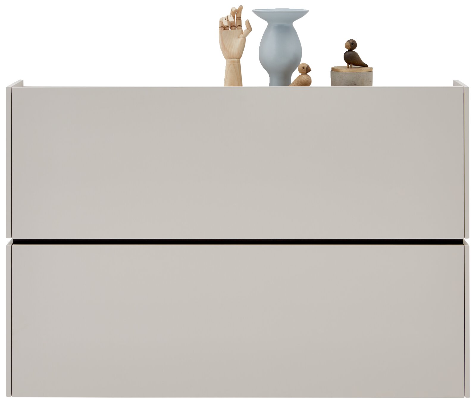 Moderner Hängeschuhschrank in minimalistischem Design, frontal abgebildet, mit Dekorationen auf der Oberseite.