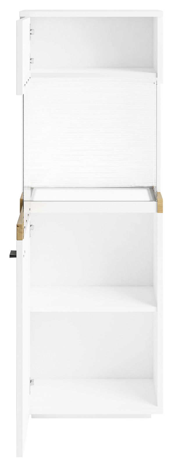 Set one by Musterring Vitrine links SET ONE LANCASTER Weiße Vitrine mit zwei offenen Türen, frontal betrachtet.