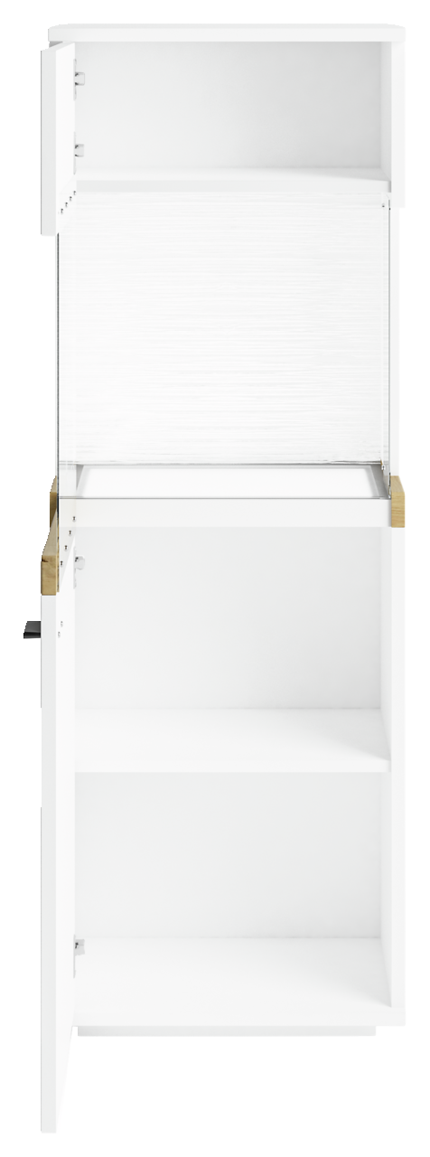 Set one by Musterring Vitrine links SET ONE LANCASTER Weiße Vitrine mit zwei offenen Türen, frontal betrachtet.