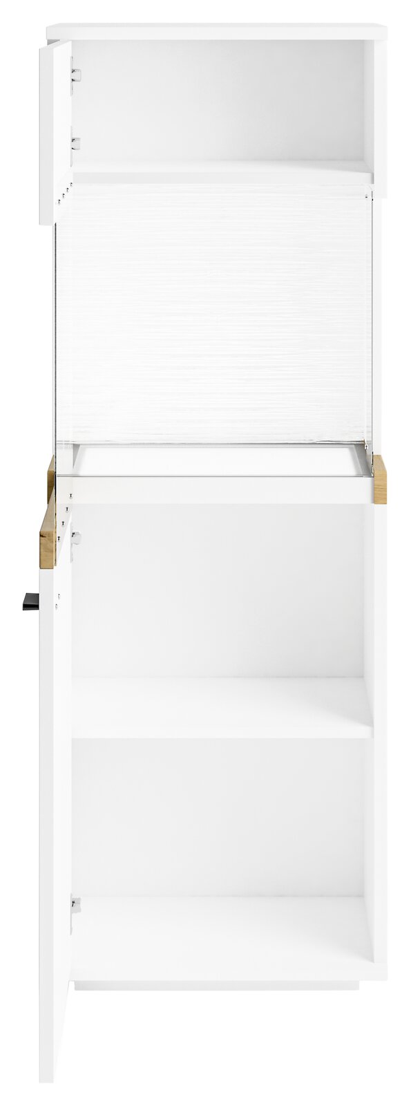 Set one by Musterring Vitrine links SET ONE LANCASTER Weiße Vitrine mit zwei offenen Türen, frontal betrachtet.