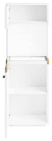 Weiße Vitrine mit zwei offenen Türen, frontal betrachtet.