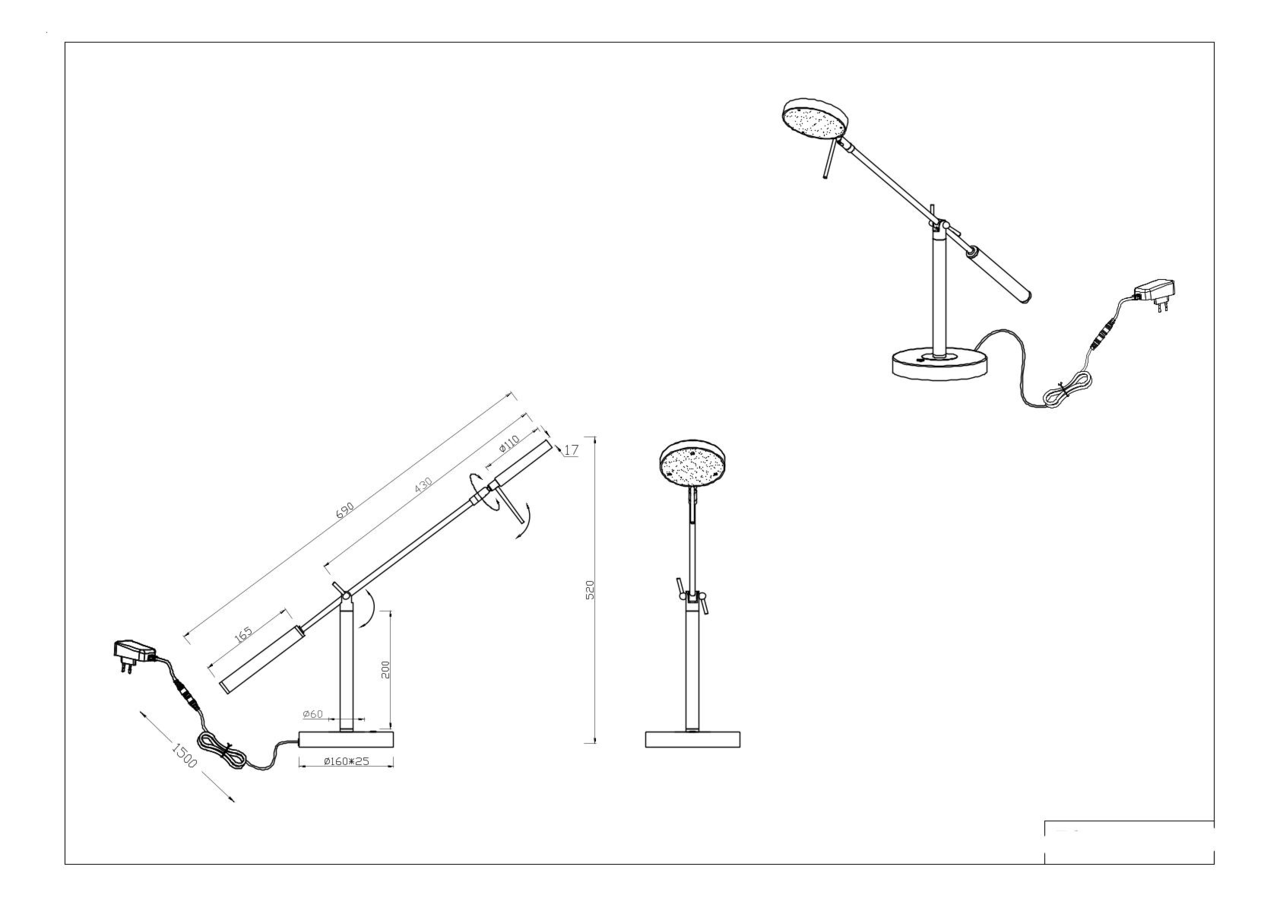 Technische Zeichnung einer LED-Schreibtischleuchte mit verstellbarem Arm und rundem Lampenkopf, seitliche und frontale Perspektive