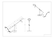 Technische Zeichnung einer LED-Schreibtischleuchte mit verstellbarem Arm und rundem Lampenkopf, seitliche und frontale Perspektive
