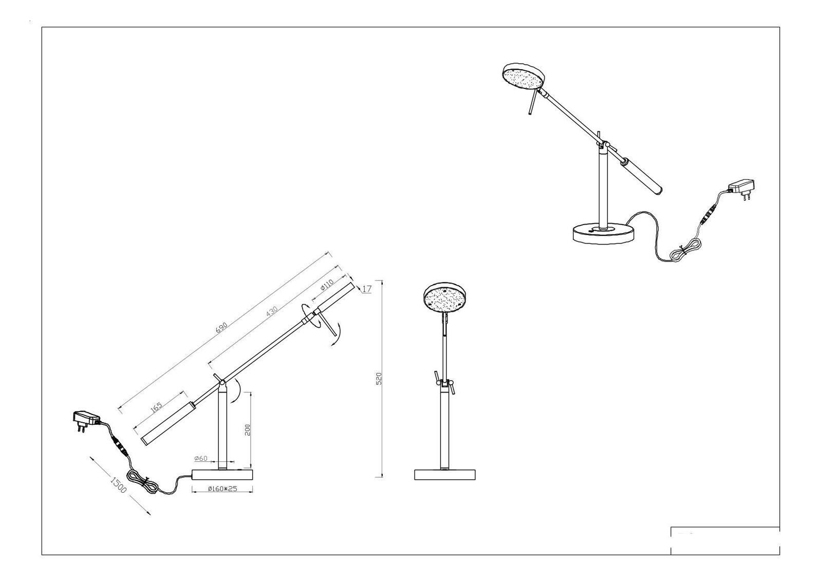 Technische Zeichnung einer LED-Schreibtischleuchte mit verstellbarem Arm und rundem Lampenkopf, seitliche und frontale Perspektive