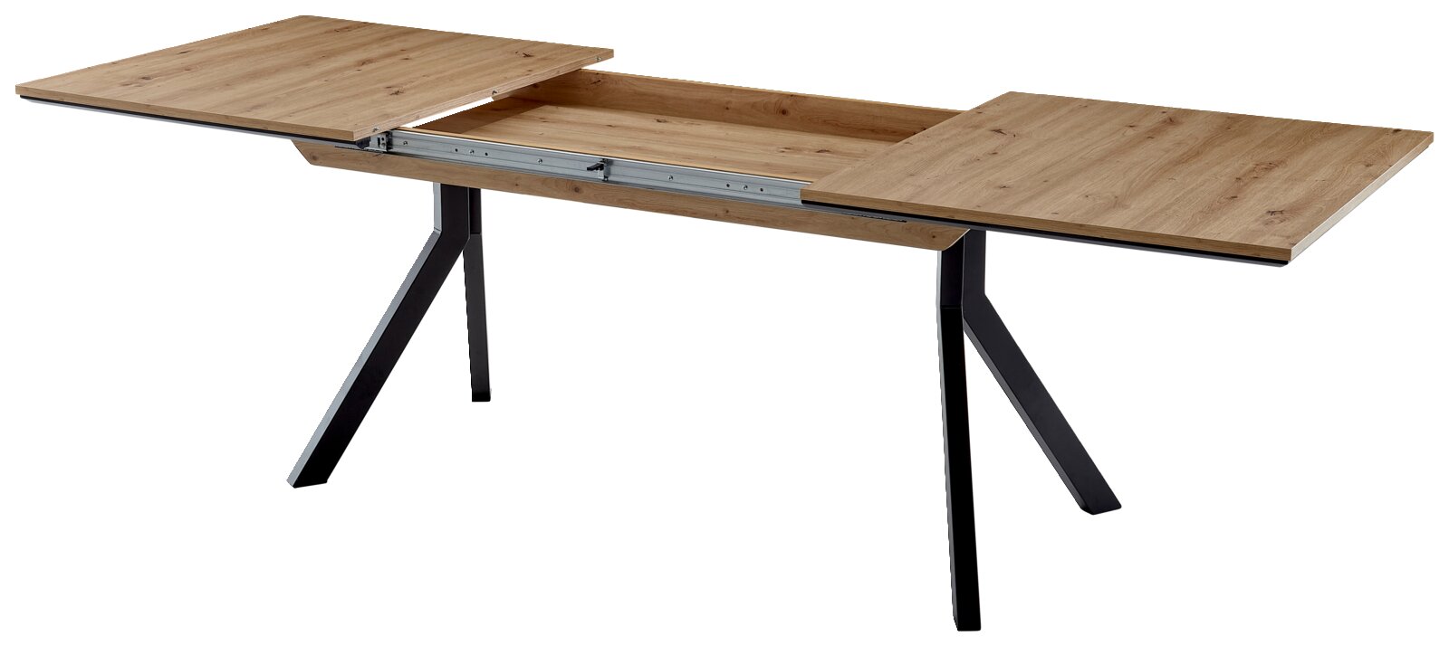 Moderne tafel met vier poten, een uitschuifbaar houten blad en zwarte metalen poten, zijaanzicht