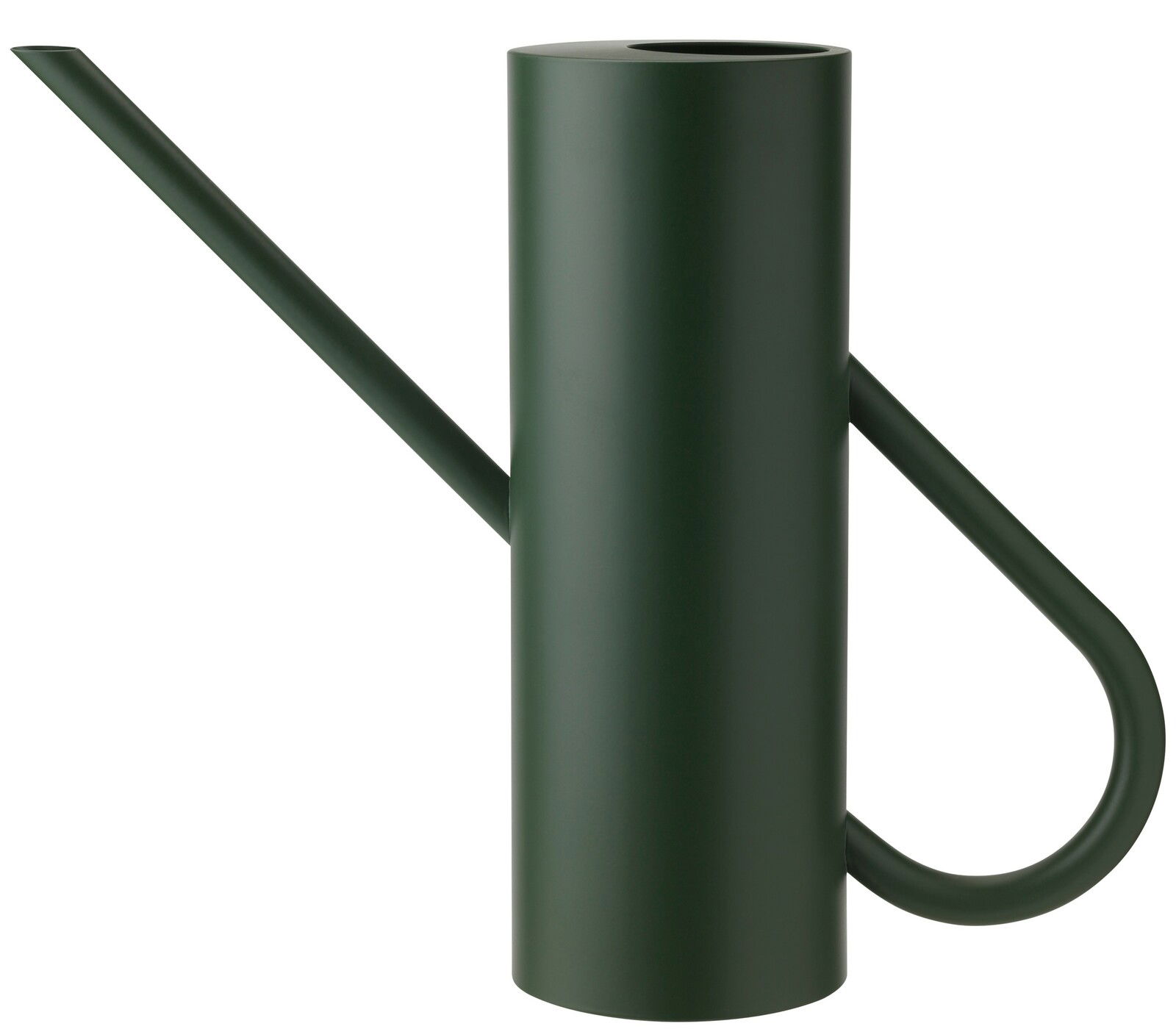 Dunkelgrüne, zylindrische Gießkanne mit langem, schmalem Ausguss und gebogenem Griff, seitliche Ansicht.