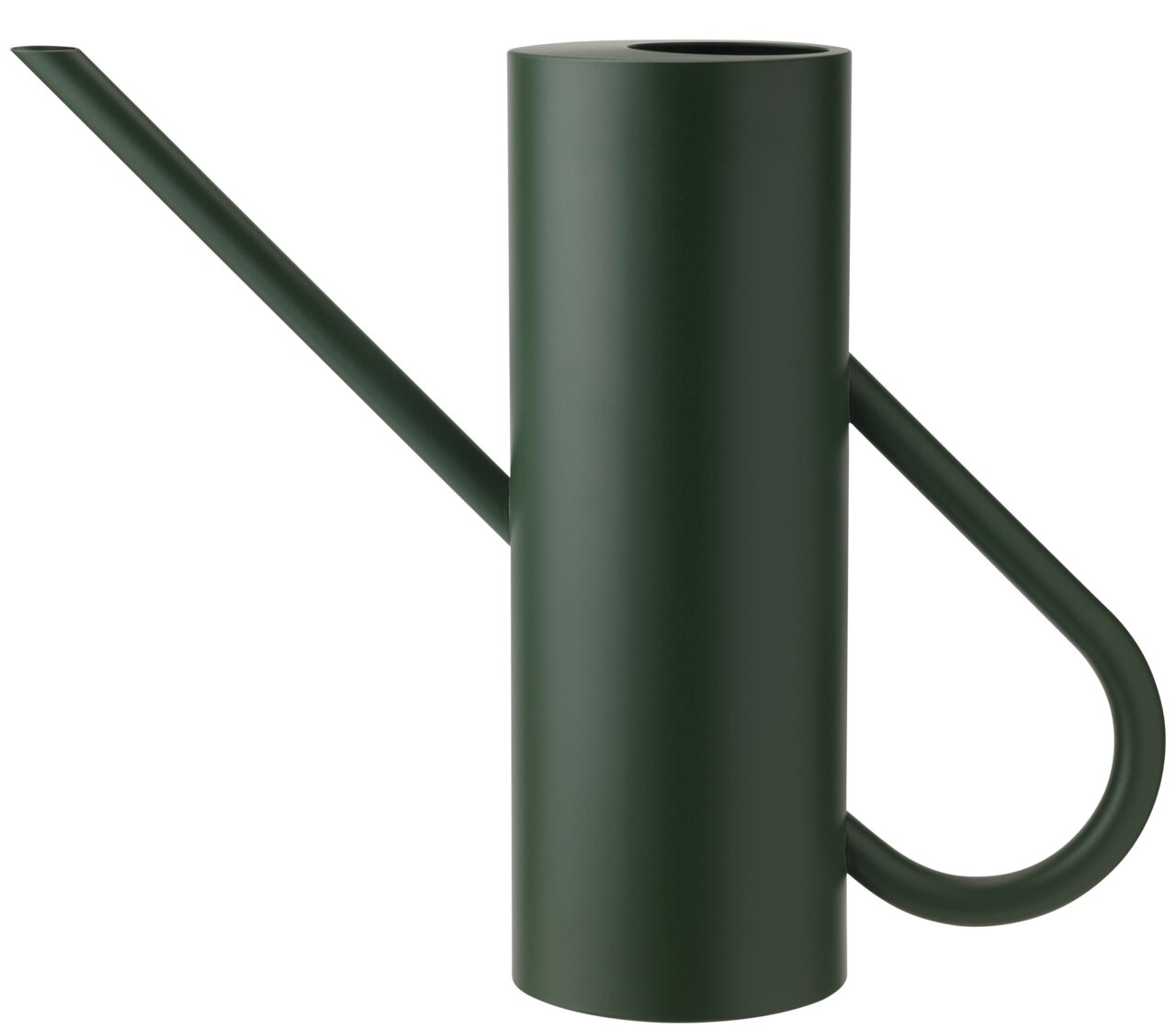 Dunkelgrüne, zylindrische Gießkanne mit langem, schmalem Ausguss und gebogenem Griff, seitliche Ansicht.