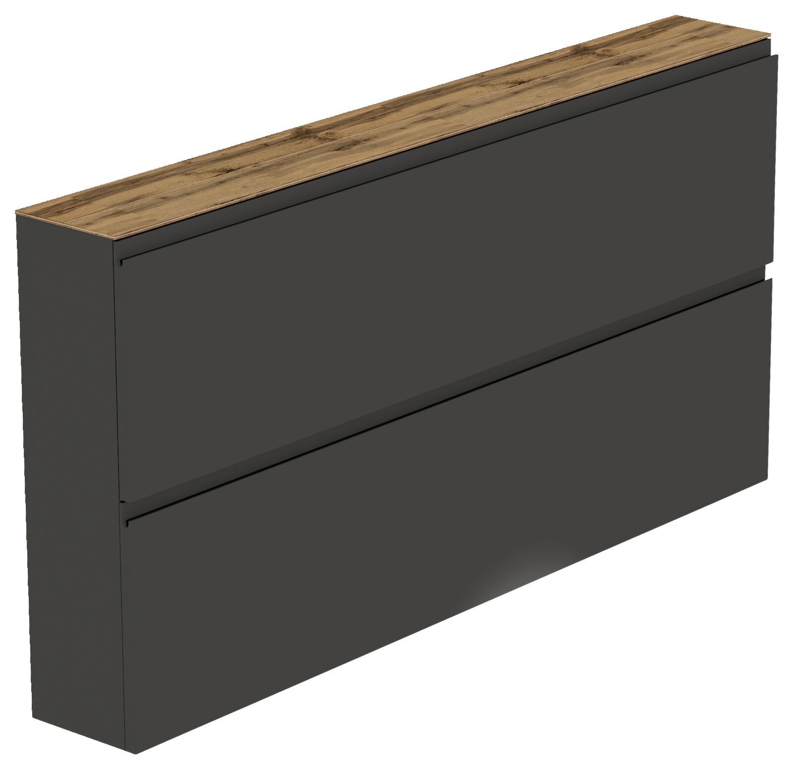 Moderner XL-Hängeschuhschrank in dunklem Grau mit Holzoberfläche, seitliche Perspektive