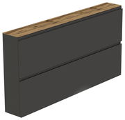 Moderner XL-Hängeschuhschrank in dunklem Grau mit Holzoberfläche, seitliche Perspektive