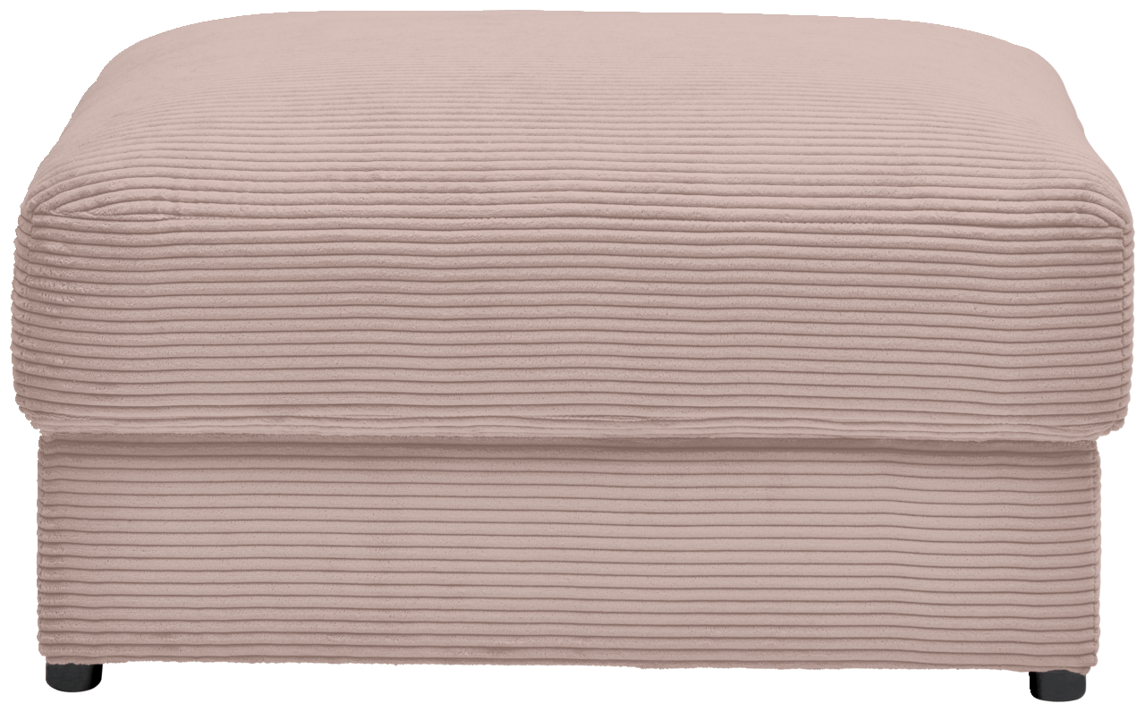 Hocker aus beigem, geripptem Stoff, frontal fotografiert