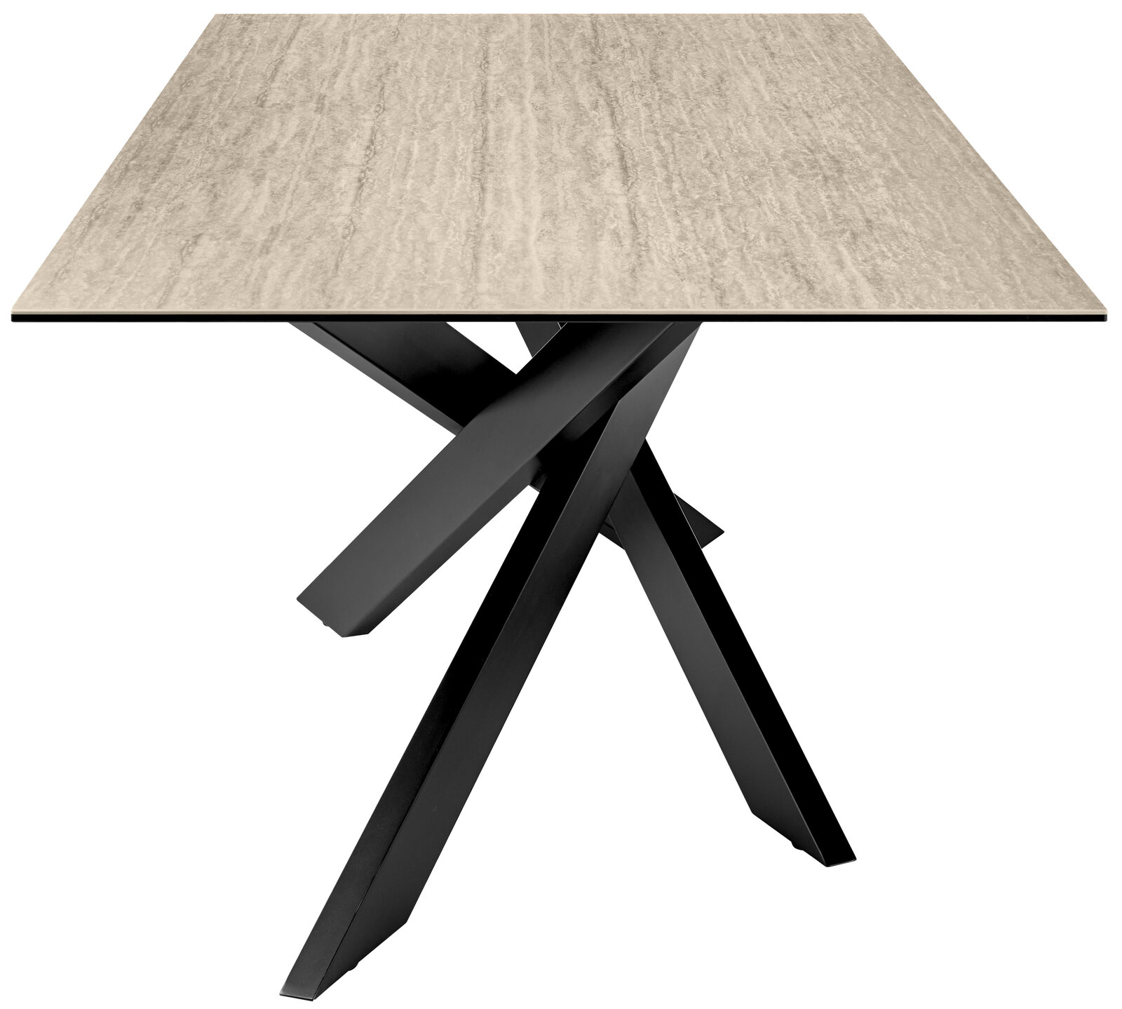 Moderner Esstisch mit heller Tischplatte und schwarzem, gekreuztem Metallgestell, seitliche Perspektive