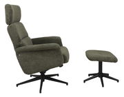 Seitenansicht eines grünen Relaxsessels mit passendem Hocker, beide mit schwarzem Drehfuß.