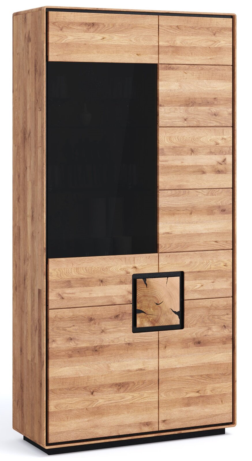 Landscape Kombi-Vitrine II BRIXEN Massiver Holzschrank in Eiche-Optik mit schwarzer Glaseinlage und quadratischem Griffdetail, leicht schräg von vorne links fotografiert