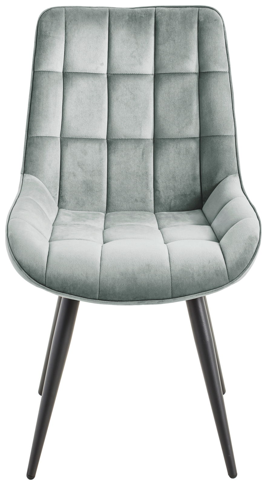 Moderner Stuhl mit gepolsterter Sitzfläche und Rückenlehne in grauem Stoff, Vorderansicht