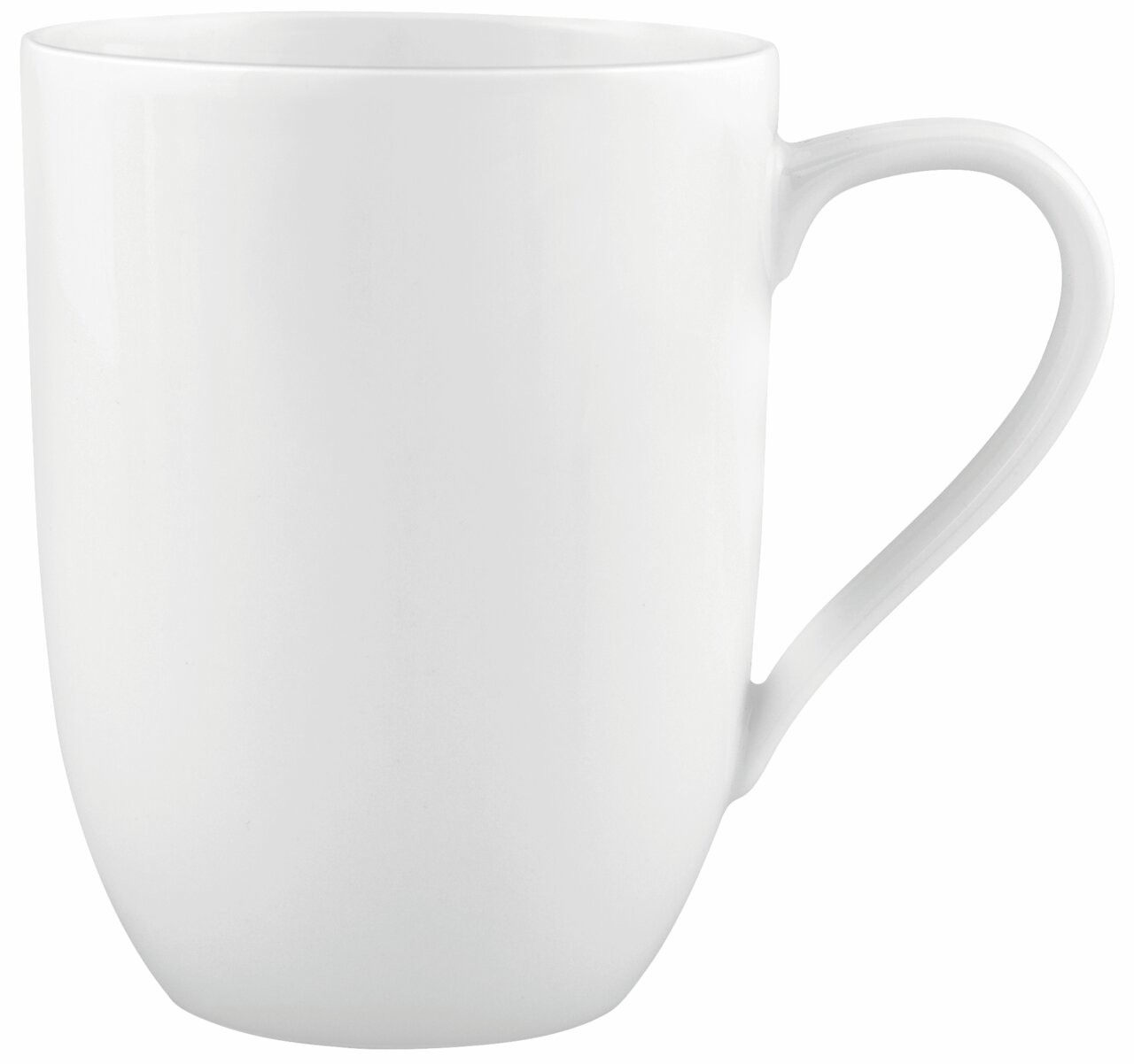 Weißer Becher mit Henkel, seitliche Perspektive