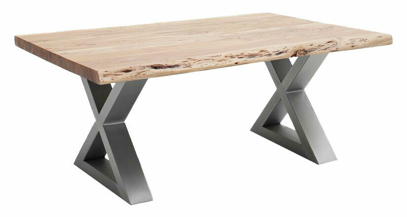 Moderner Couchtisch mit Holzplatte und X-förmigen Metallbeinen, seitliche Perspektive