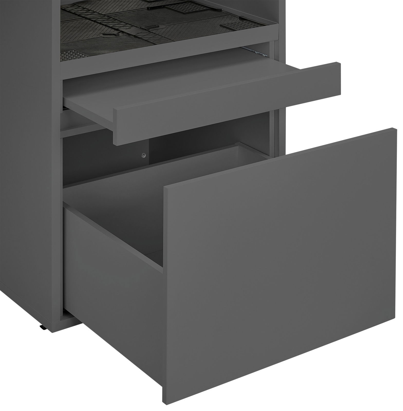 Grauer Wäscheschrank mit zwei offenen Schubladen, seitliche Perspektive