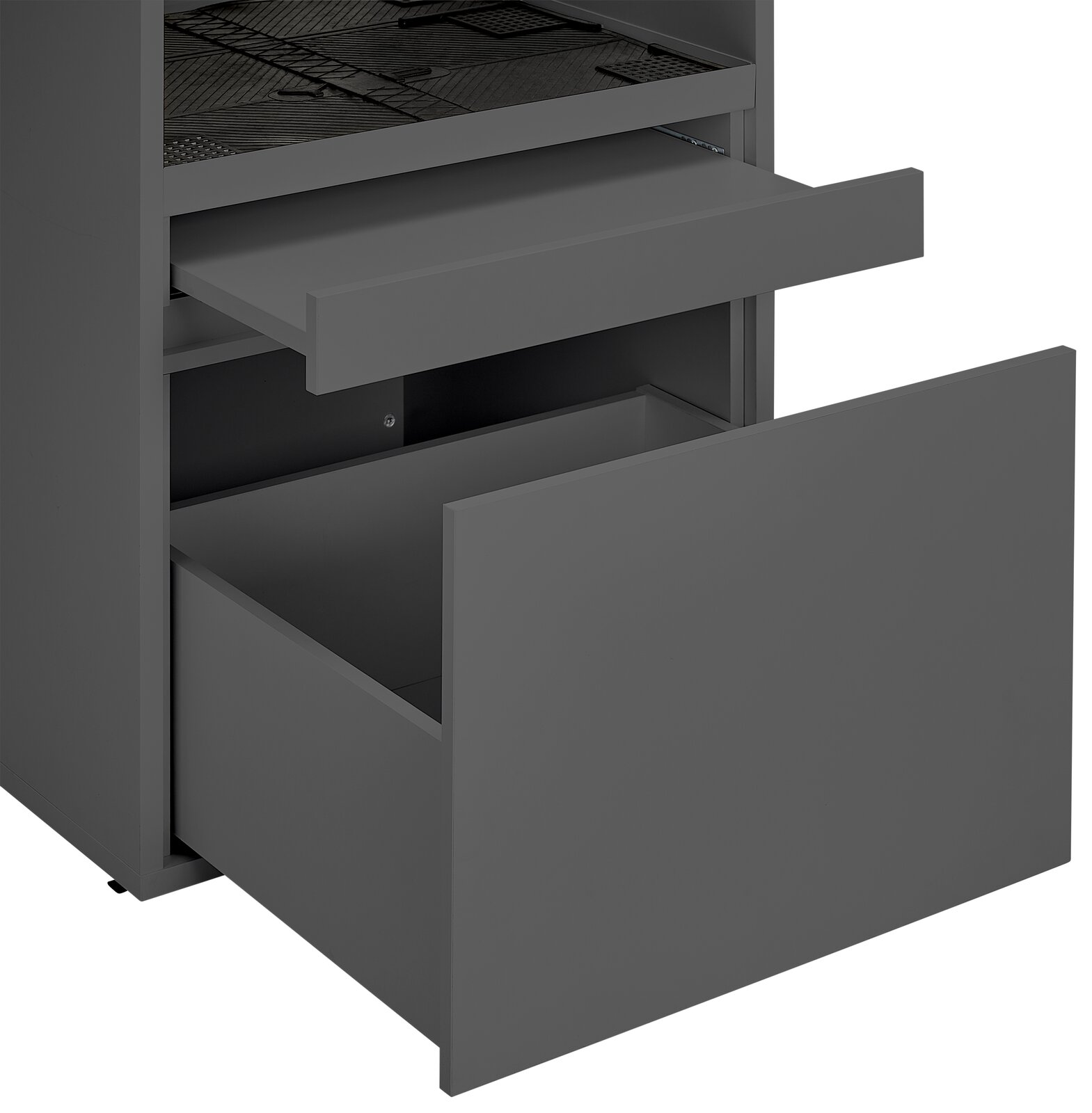 Grauer Wäscheschrank mit zwei offenen Schubladen, seitliche Perspektive