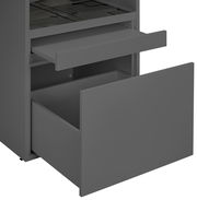 Grauer Wäscheschrank mit zwei offenen Schubladen, seitliche Perspektive