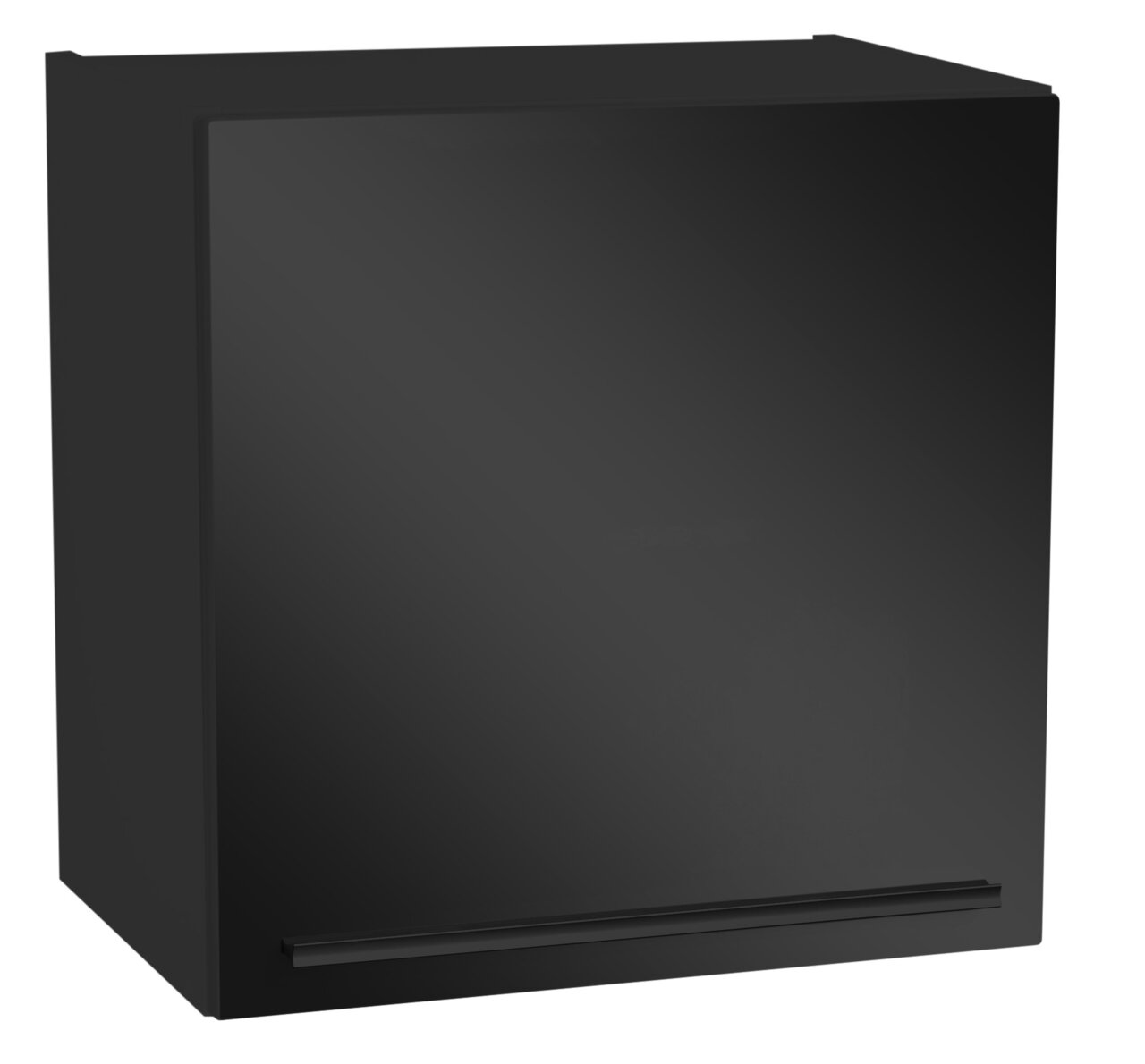 Yourkitchen Hangkast JAZZ Schwarzer Hängeschrank mit glatter Frontansicht und horizontalem Griff, perspektivisch von vorne links betrachtet.