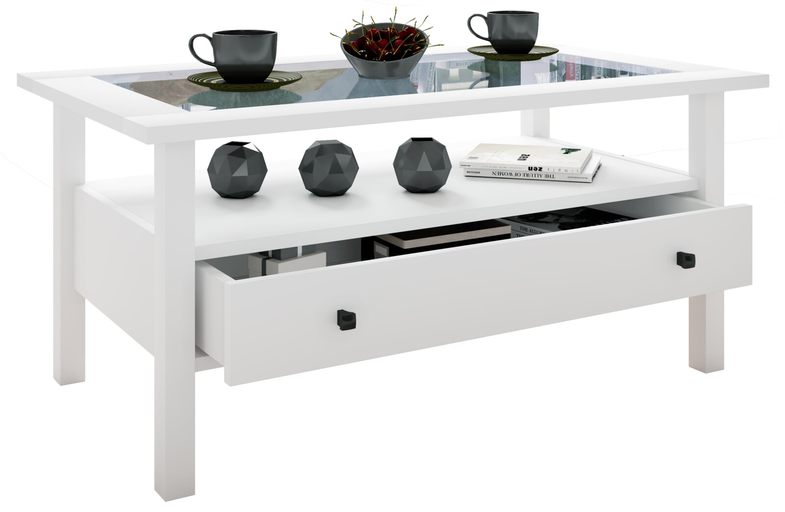 Weißer Couchtisch mit Glasplatte, Ablagefach und herausgezogener Schublade, darauf Tassen und Obstschale; Perspektive: schräg von vorne links