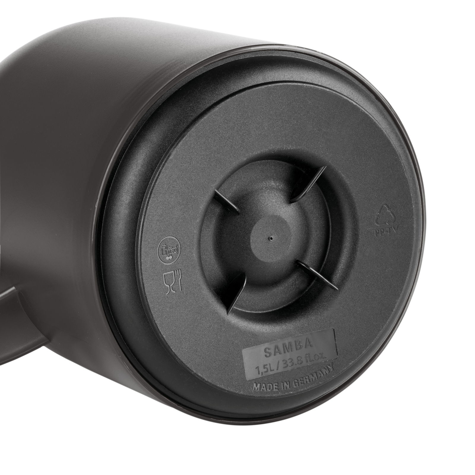 Bodenansicht einer schwarzen Isolierkanne Samba 1,5l, hergestellt in Deutschland.