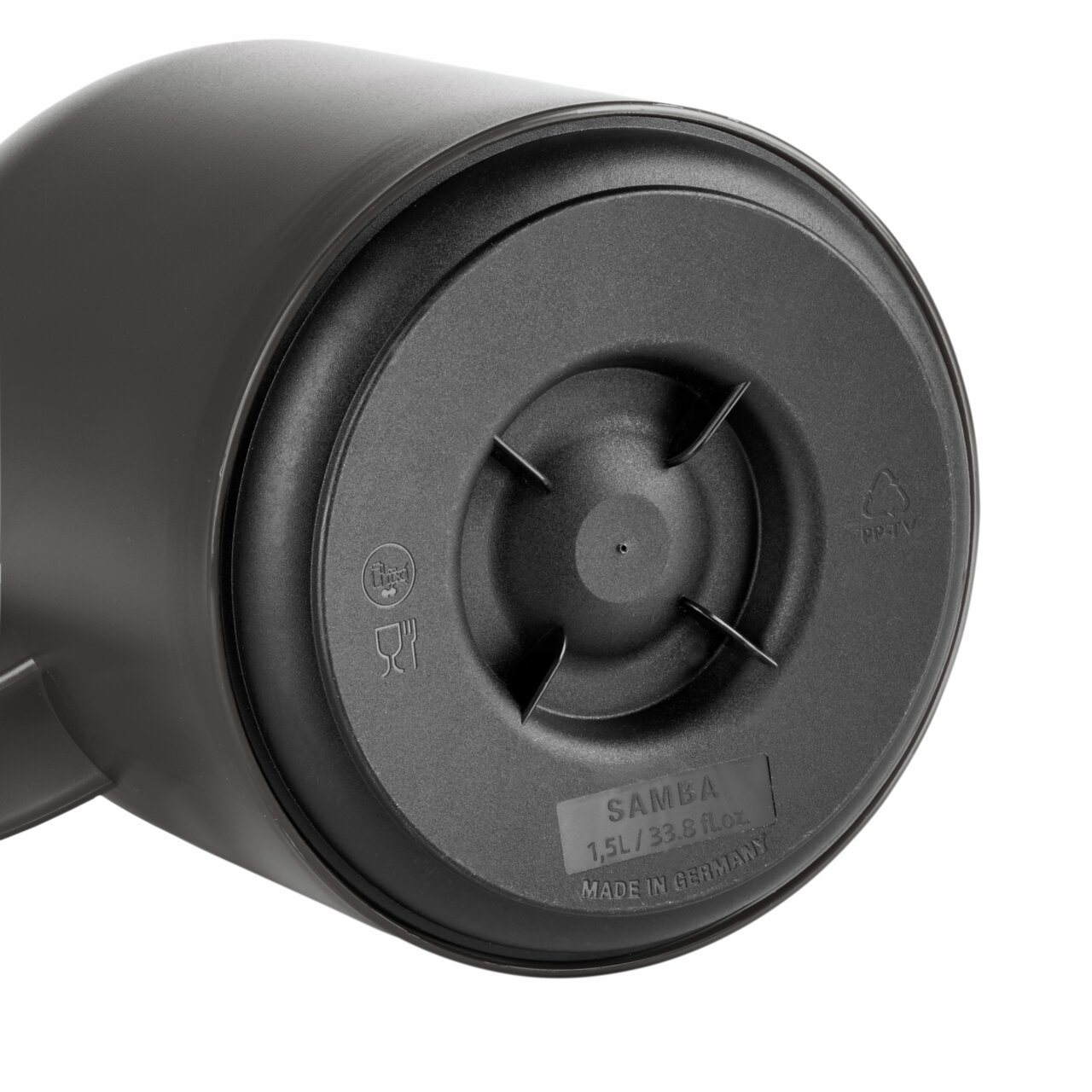 Bodenansicht einer schwarzen Isolierkanne Samba 1,5l, hergestellt in Deutschland.