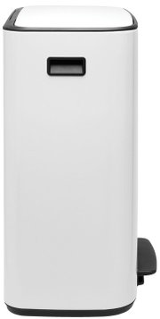 Weißer Brabantia Abfalleimer BO, seitliche Perspektive mit Pedal und Griff sichtbar.